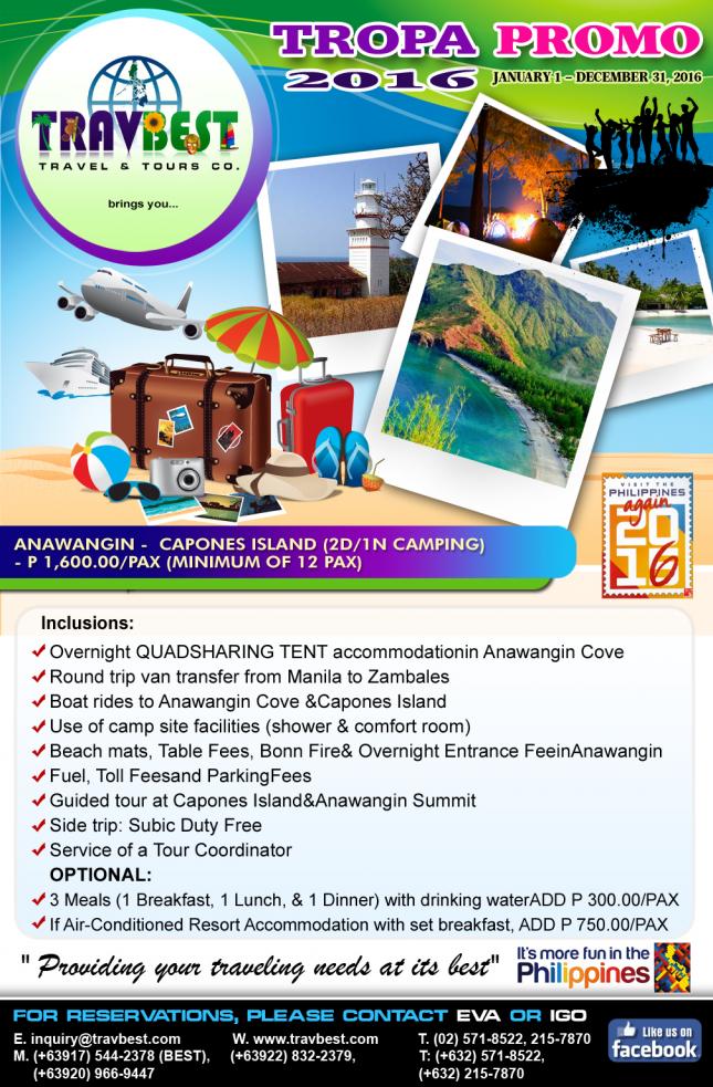 Anawangin Capones Tour Package (2d/1n) for P 1,600.00/pax