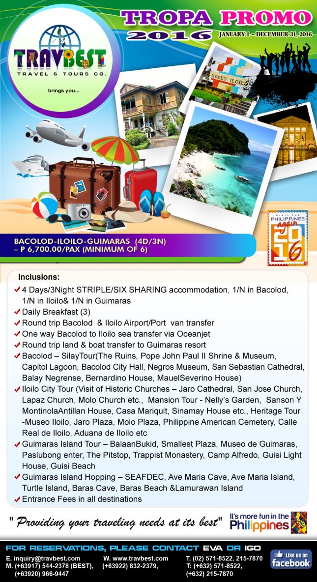 Bacolod-Iloilo-Guimaras (4d/3n) for P 6,700.00/pax